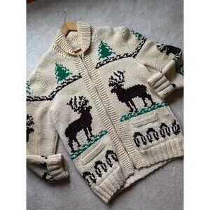 60s/70s Cowichan Cardigan Moose Design, Hand knitted, Lightning Zip Metal